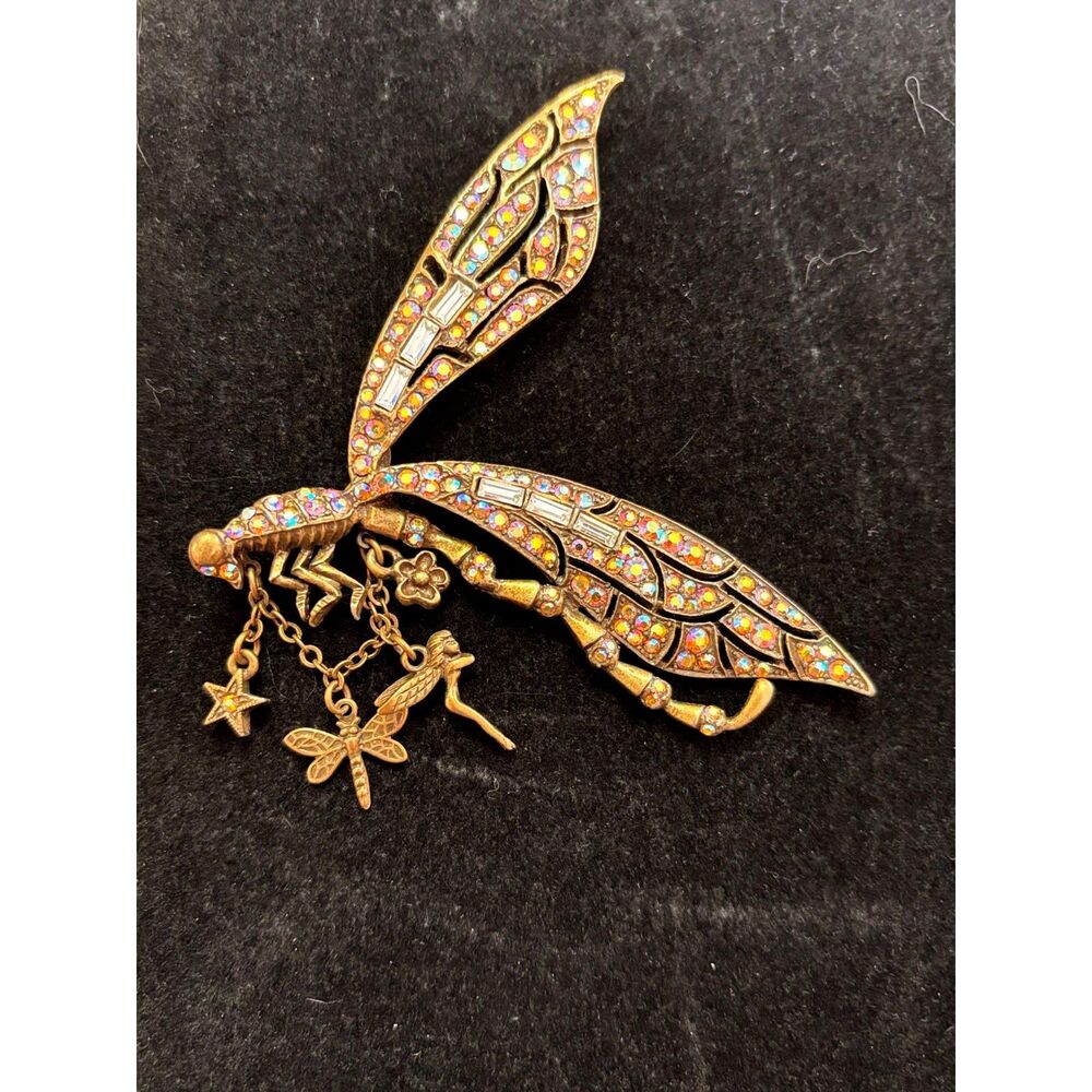VTG Kirks Folly Gold Dragonfly Brooch with Fairy & Star Charms